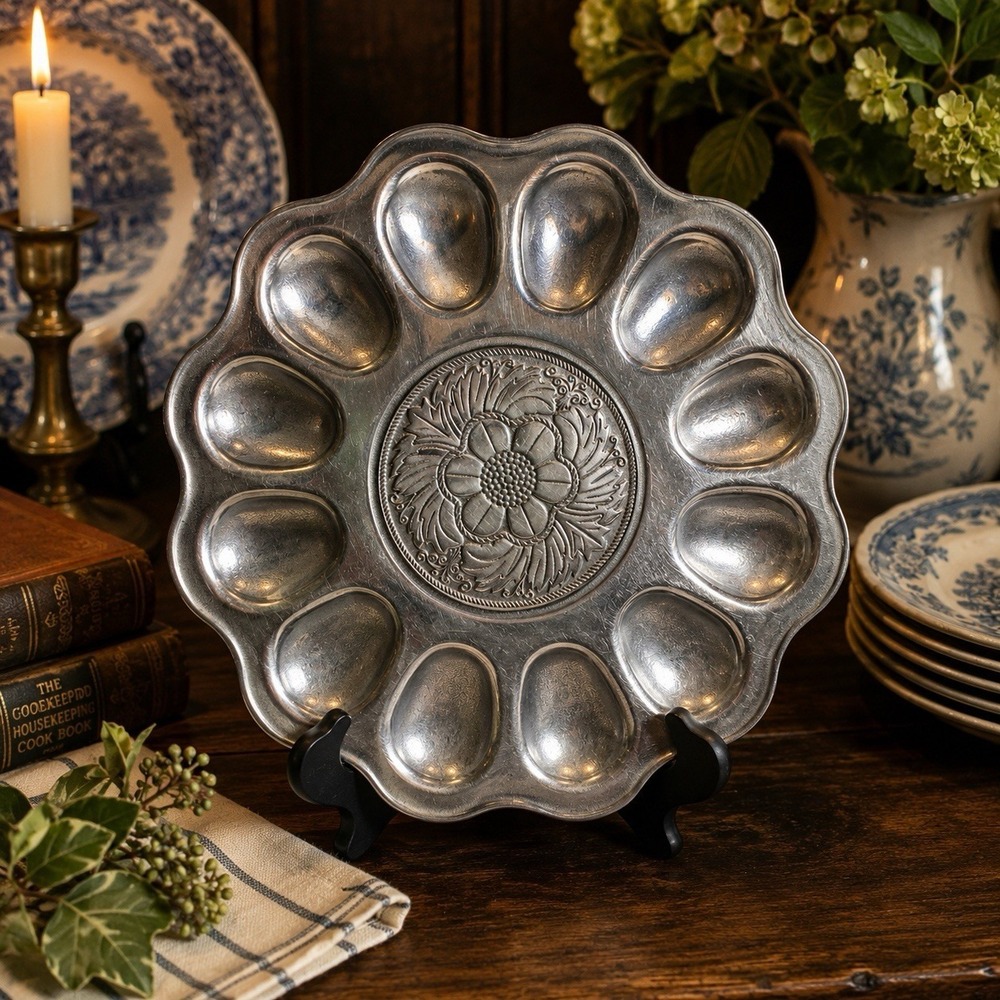 Wilton Armetale Deviled Egg Tray 12 Egg Floral Pewter Serving Platter 11"